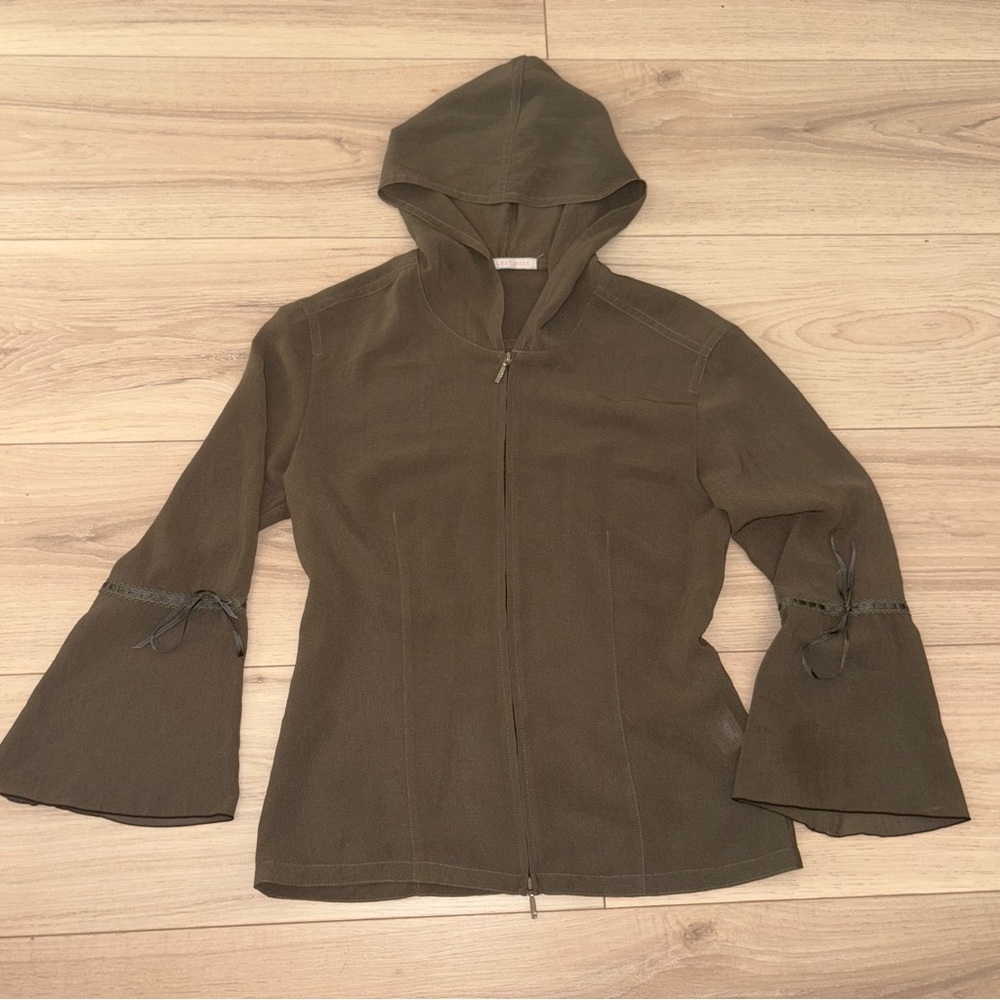 L'est Rose Sheer Hoodie in Olive with Flare sleeves